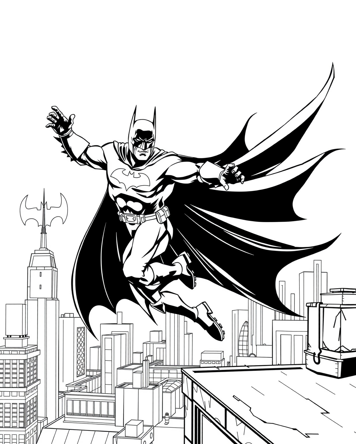 Batman Leaping Over Gotham City Coloring Page Free Printable