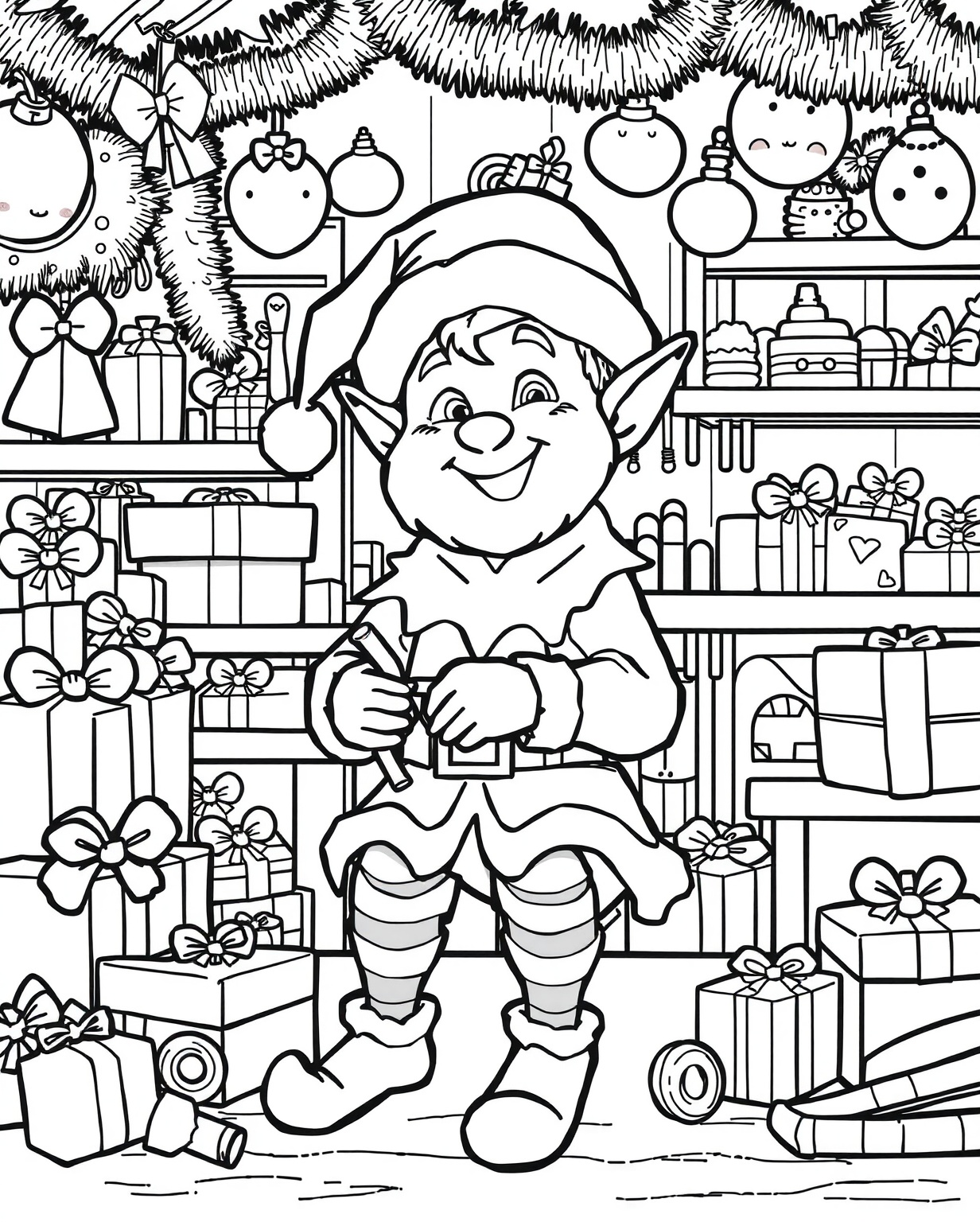 Christmas Elf in Santa’s Workshop Coloring Page - Free Printable