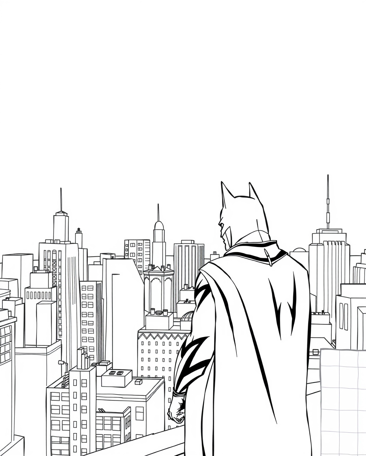 Gotham City Skyline with Batman Coloring Page - Free Printable