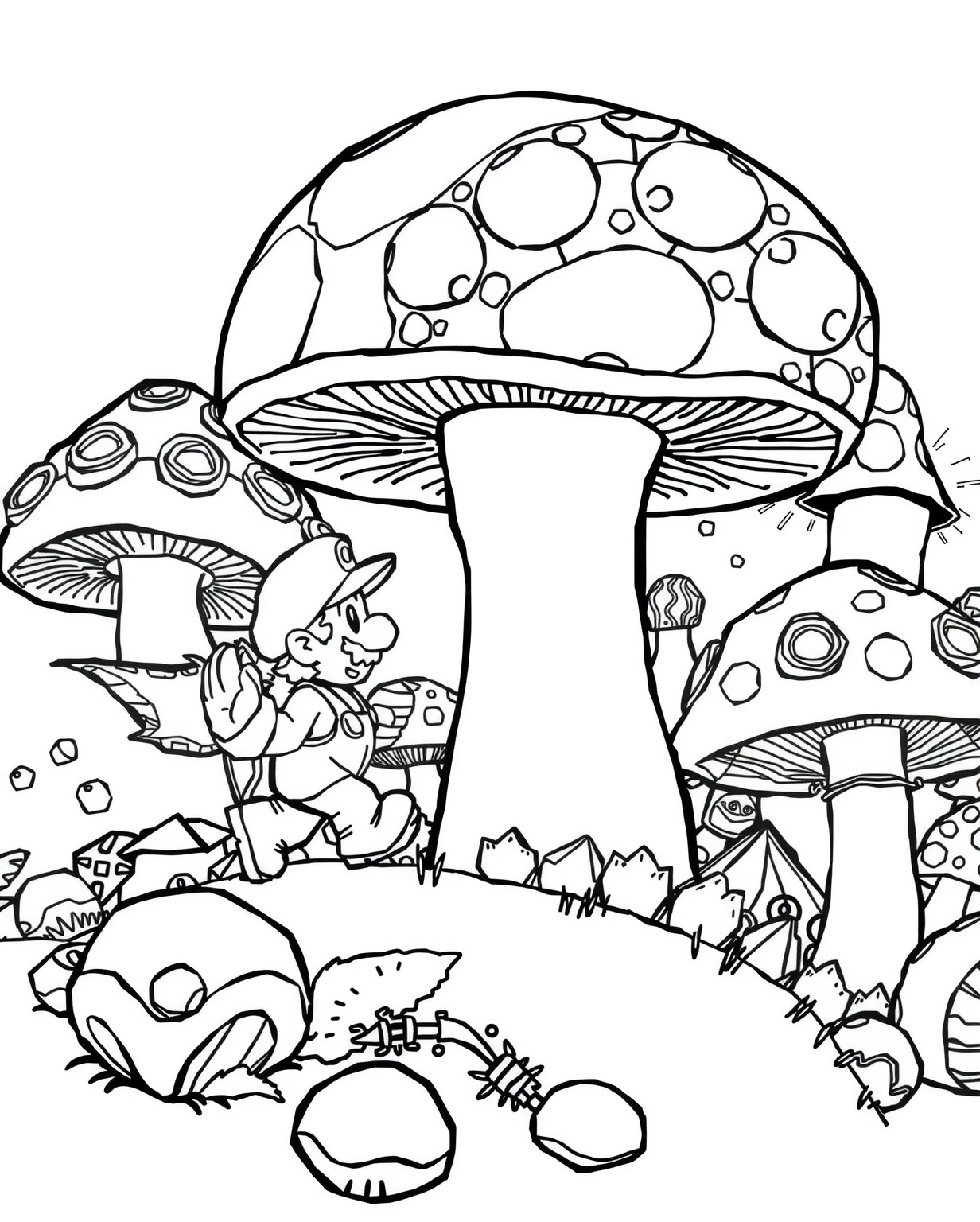 Mario Exploring a Mushroom Forest Coloring Page - Free Printable