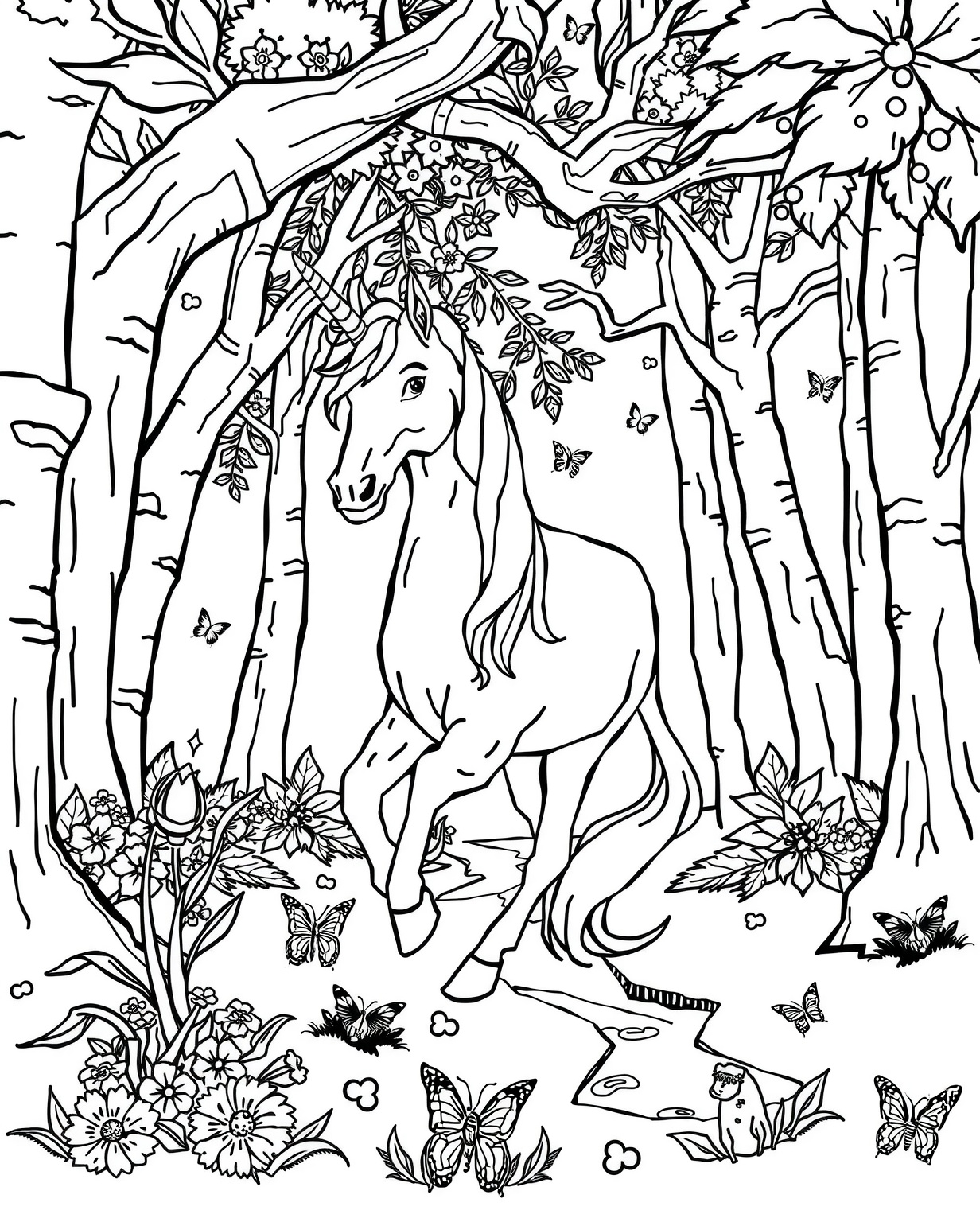 Mythical Unicorn In Forest Coloring Page - Free Printable