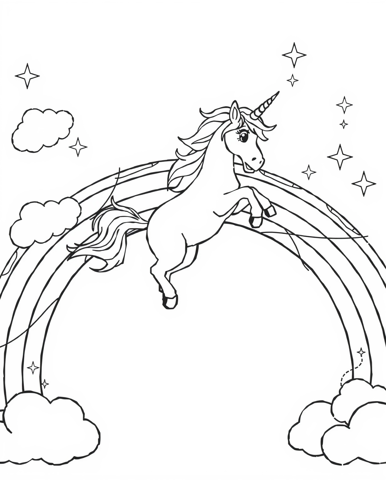 Unicorn Jumping Over A Rainbow Coloring Page - Free Printable